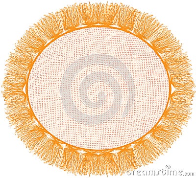 Oval lacy serviette, napkin, cover, coverlet with tassels in orange, beige colors isolated on white Vector Illustration