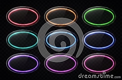 Oval neon lights banners set. Colorful led lamp. Vector Illustration