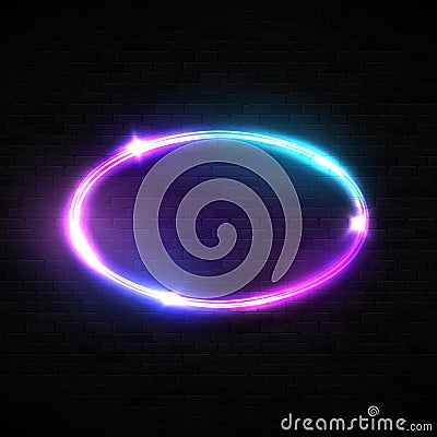 Oval neon sign. Laser chrome frame with light. Vector Illustration