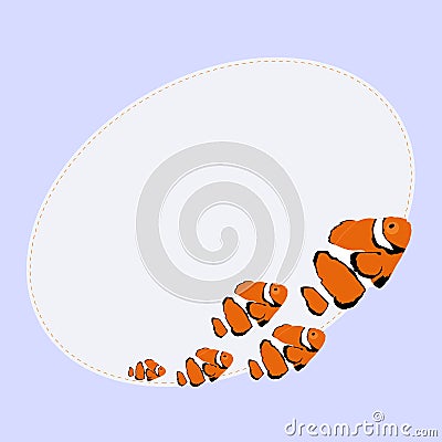 Oval photo frame with beautiful orange fish on a blue background Vector Illustration