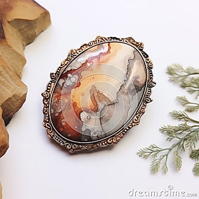 Oval Silver And Copper Gemstone Brooch With Atmospheric Color Washes Stock Photo