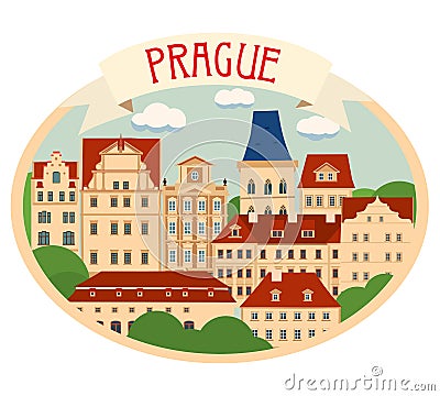 Oval sticker Prague. Decorative old European houses Vector Illustration