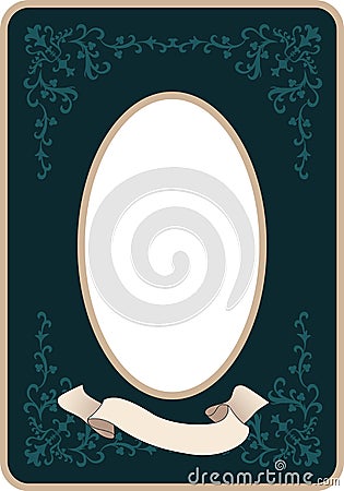 Oval vintage style frame with ornamental motifs and blank banner for text Vector Illustration