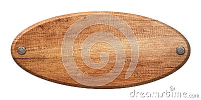 Oval wooden sign made of natural wood and fastened with nails Stock Photo
