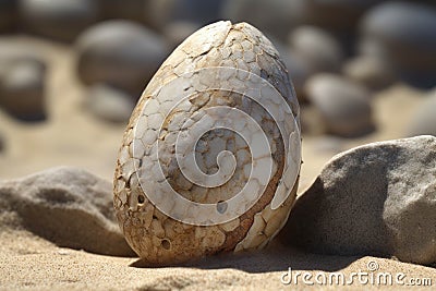 An ovalshaped egg fragment once part of the life cycle of a longextinct creature. AI generation Stock Photo