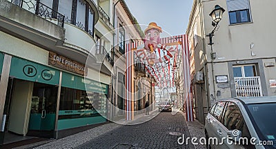 Architectural detail of the typical houses of the city decorated for the carnival of Ovar, Portugal Editorial Stock Photo