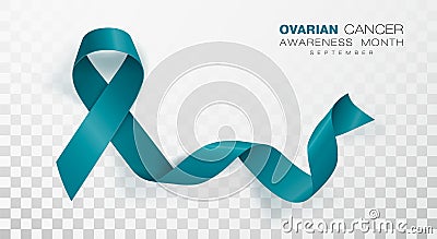 Ovarian Cancer Awareness Month. Teal Color Ribbon Isolated On Transparent Background. Vector Design Template For Poster Stock Photo