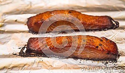 Oven Baked Bourbon Glazed Salmon Stock Photo