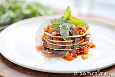 oven-baked ratatouille garnished with basil on white plate Stock Photo