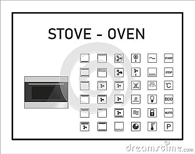 Oven manual icon set. Instructions symbols. Stove exploitation manual. Instructions and function description. Vector isolated Cartoon Illustration