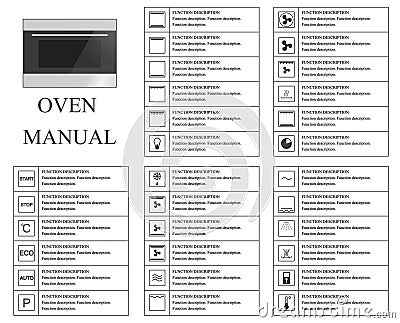 Oven manual symbols. Instructions. Signs and symbols for oven exploitation manual. Instructions and function description. Vector Stock Photo
