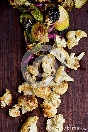 Oven Roasted Brussel Sprouts and Cauliflower Stock Photo