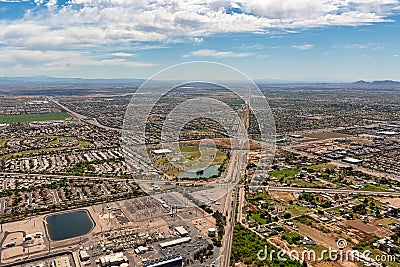 Over Gilbert, Arizona looking southeast along the railroad tracks Stock Photo