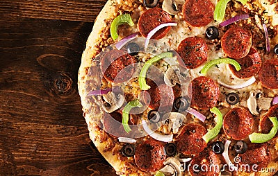 Over head view of pizza with supreme toppings Stock Photo