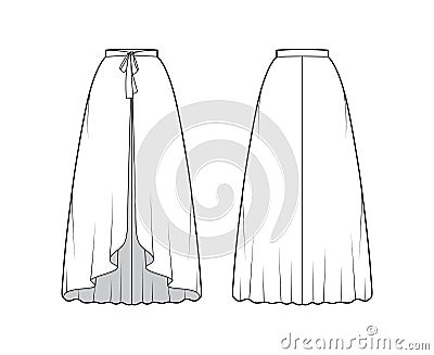 Over Skirt circular fullness technical fashion illustration with bow, floor ankle lengths, thin waistband. Flat bottom Cartoon Illustration
