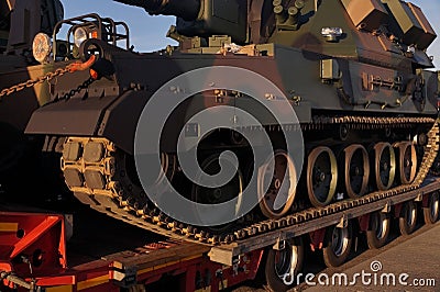 Over-standard, atypical road transport. A howitzer on the tank chassis Stock Photo