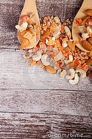 Over top view of Healthy different type of nuts and sweet Stock Photo