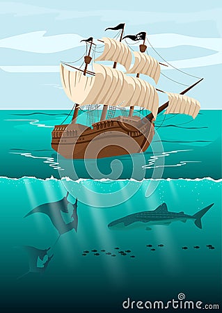 Over-under split view of pirate ship Vector Illustration