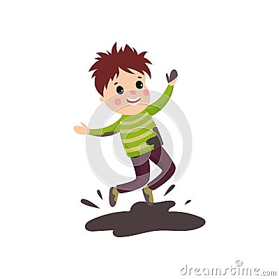 Overactive kid in soiled sweater and pants jumping in mud puddle Vector Illustration