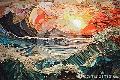 A Paper Quilling Painting Depicting the Majesty of Large Waves Stock Photo