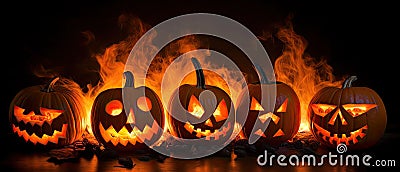 Halloween In Flame - Burning Pumpkins Generative AI Stock Photo