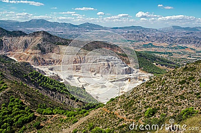 Overall view of limestone quarry near Calamorro mountain and Benalmadena town, Andalusia, Southern Spain. Stock Photo