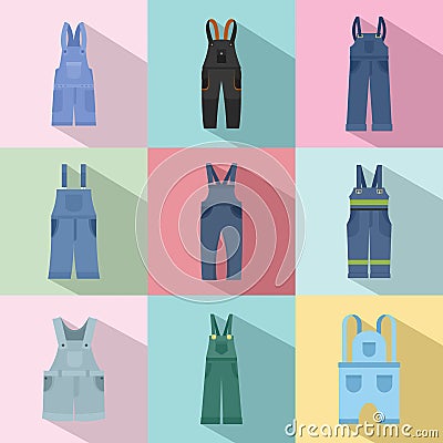 Overalls workwear icons set, flat style Vector Illustration