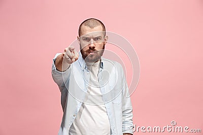 The overbearing businessman point you and want you, half length closeup portrait on pink background. Stock Photo