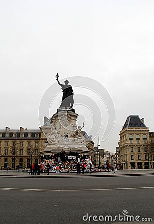 Overcast day with people standing near Place de la Republique,Paris,France,2016 Editorial Stock Photo