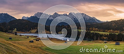 Overcast morning on lake Geroldsee, views of mount Karwendel Stock Photo