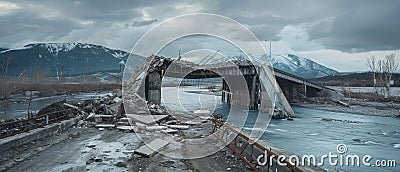 Overcast sky looms over the ruins of a demolished bridge, with a mountain backdrop and frigid river running beneath. Stock Photo