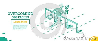 Overcome Business Obstacles. Businessman Jump over Hurdle. Isometric Outline Concept Stock Photo