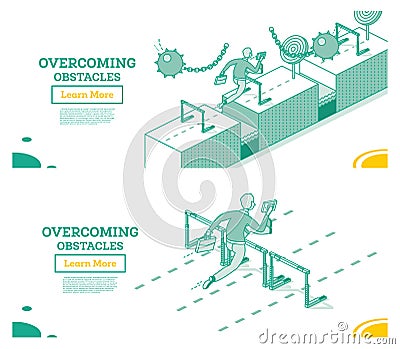 Overcome Business Obstacles. Businessman Jumps over Hurdle and Dodges from Swinging Wrecking Balls Stock Photo