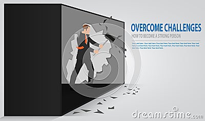 Man cracking old concrete wall. Businessman smashing a wall with a hammer. The notion of breaking down barriers and achieve goals. Vector Illustration