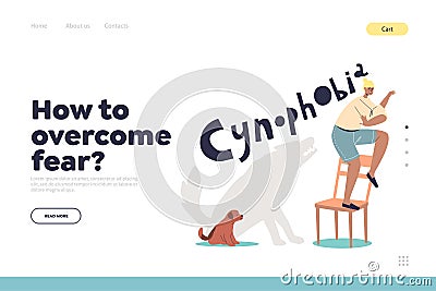 Overcome fear concept of landing page with woman suffering from cynophobia, scared of dogs Vector Illustration