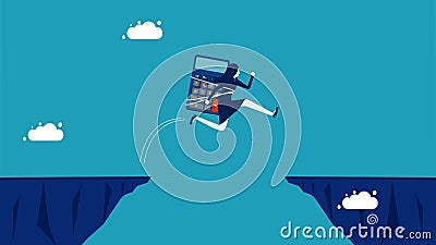 Overcome financial and accounting risks and obstacles. businesswoman with a calculator jumps over the gap Vector Illustration