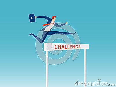 Overcome obstacles and success concept. Businessman holding briefcase jumping over hurdle race obstacle. Vector Illustration