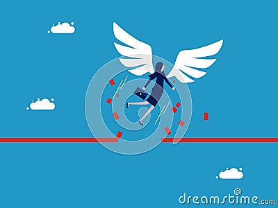 Overcome obstacles to success. Businesswoman flying with angel wings breaking barriers Vector Illustration