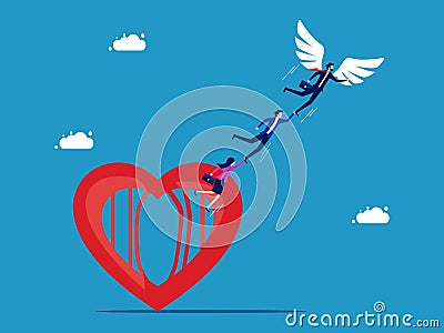 Overcome yourself and get out of the heart cage. Business team with flying wings Vector Illustration