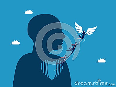Overcome yourself and get out of the heart cage. Business team with flying wings Vector Illustration