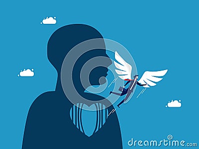 Overcome yourself and get out of the heart cage. Businessman with flying wings Vector Illustration