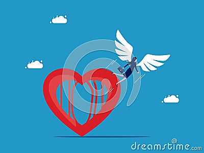 Overcome yourself and get out of the heart cage. Businesswoman with flying wings. Vector Illustration