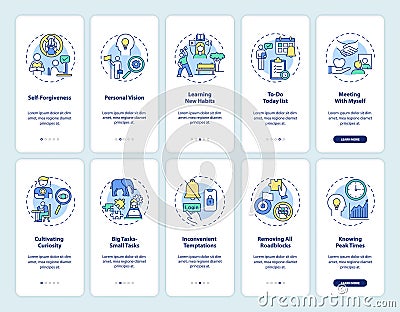 Overcoming delaying tasks habit onboarding mobile app page screen with concepts set Vector Illustration