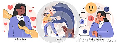 Overcoming fears set. Characters confronting fears with desensitization Vector Illustration