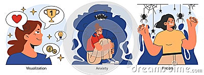 Overcoming fears set. Characters confronting fears with desensitization Vector Illustration