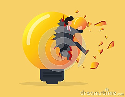 Overcoming obstacles. businessman holding a light bulb and jumping out of a broken light bulb Vector Illustration