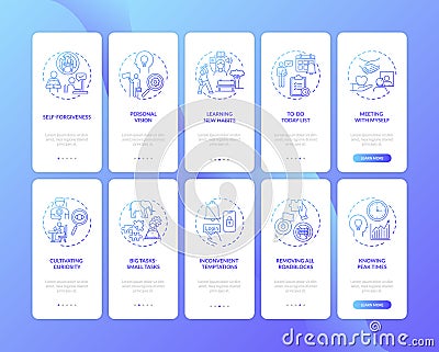 Overcoming procrastination onboarding mobile app page screen with concepts set Vector Illustration