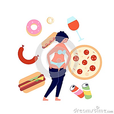 Overeating. Fast food addiction, nutrition problems consequences. Burger and sweets unhealthy dishes. Female overweight Vector Illustration