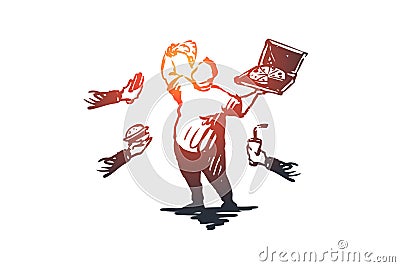 Overeating, fast food, obesity concept. Hand drawn sketch isolated illustration Vector Illustration