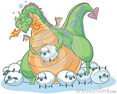 Overeating fat cartoon dragon with clueless sheep Vector Illustration